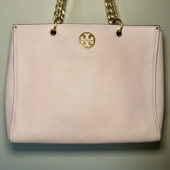 Tory Burch Everly  Shell Pink Pebble Leather Tote Handbag Gold Hardware Designer - Picture 1 of 16